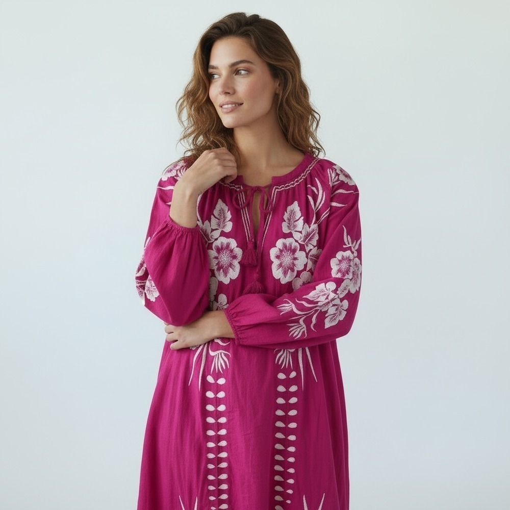 Chico's Pink Cotton Floral Embroidered Peasant Dress folk boho chic festive 2